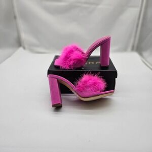 NEW LILIANA Pink Feather Womens Peep Toe Size 8 Slip On Slides Sexy Valentine